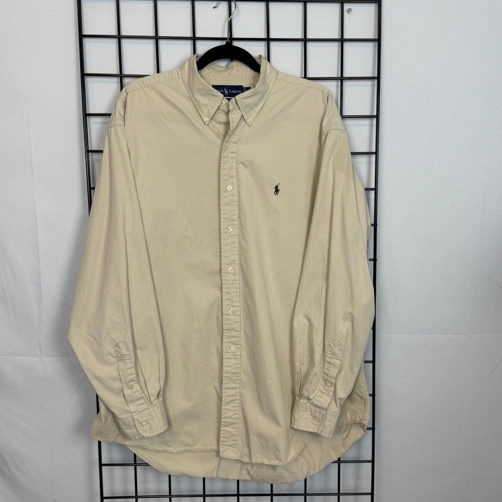 Ralph Lauren Shirt Mens XL Beige Blake Button Down Classic Casual Vintage Pony